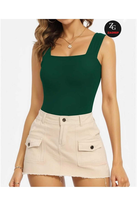 Silk Jersey Wide Strap Square Neck Bodysuit - Emerald Green
