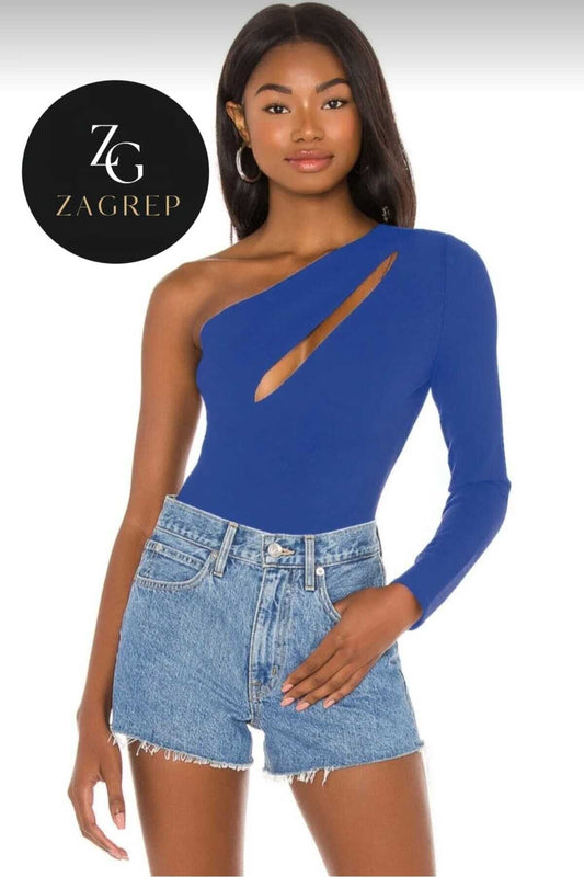 Single-Sleeve Jersey Bodysuit with Shoulder Cutout - Cobalt Blue
