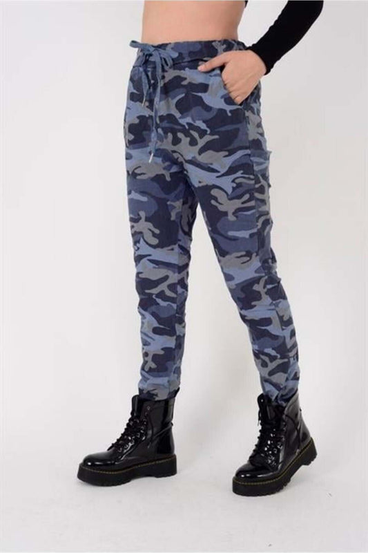 Slim Leg Camouflage Print Tie Waist Pants - Blue