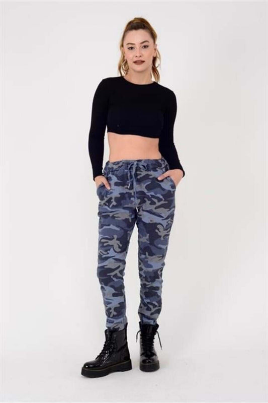 Slim Leg Camouflage Print Tie Waist Pants - Blue