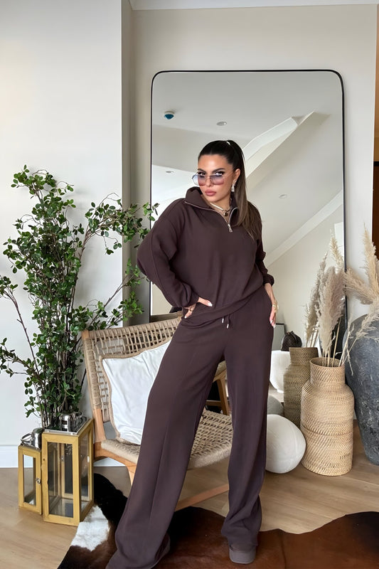 Soft Touch Half-Zippered Tracksuit Set - Brown