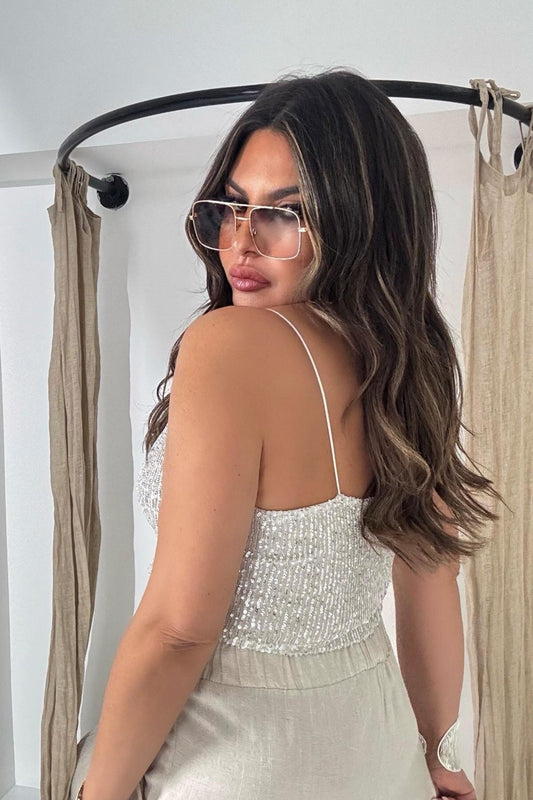 Spaghetti Strap Rhinestone Sequined Crop Top