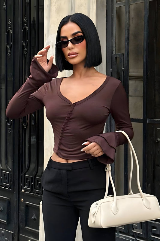 Spanish Sleeve Button Detail Blouse - Brown
