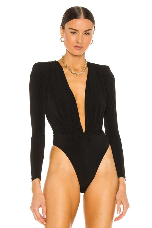 Special Design Ruched Padded Silk Jersey Bodysuit - Black