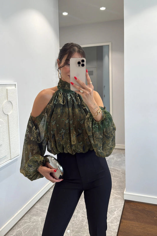 Stand Collar Patterned Chiffon Shoulder Cut-out Blouse - Green