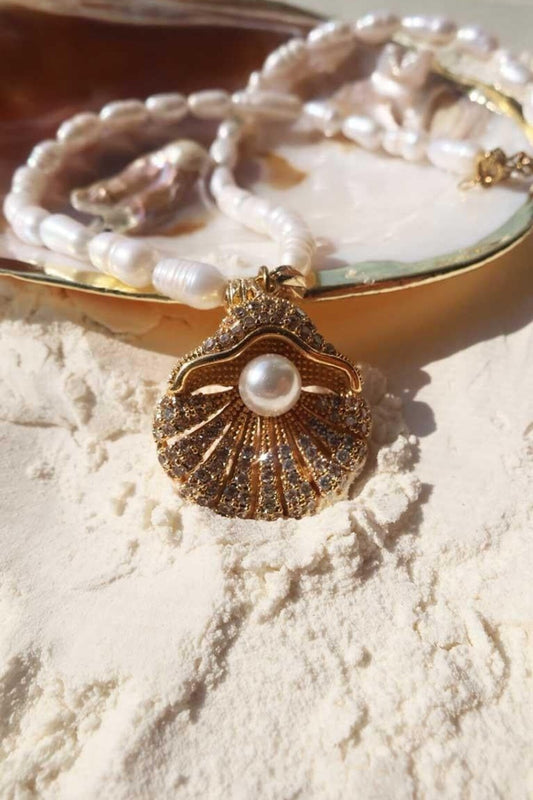 Stone Oyster Pearl Necklace - Gold