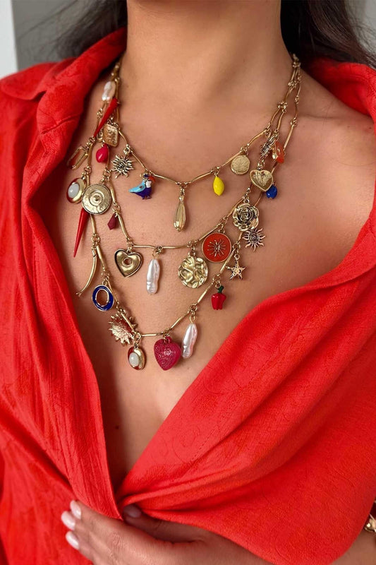 Triple Metal Charm Necklace - Colorful