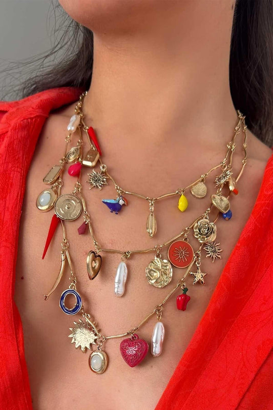 Triple Metal Charm Necklace - Colorful