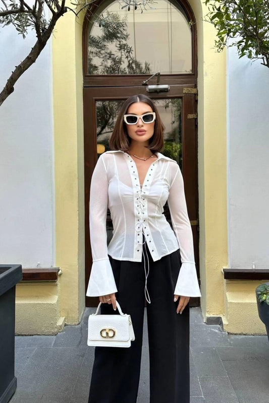 Tulle Flared Sleeve Lace-up Detail Shirt - White