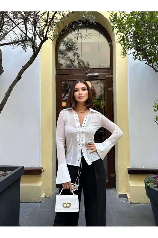 Tulle Flared Sleeve Lace-up Detail Shirt - White