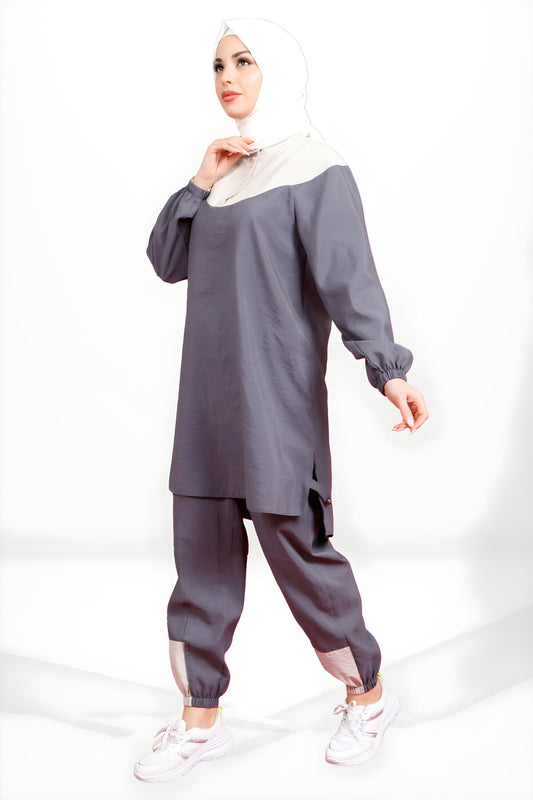 Tunic Jogger Buttoned Tracksuit Set - Gray