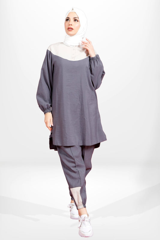 Tunic Jogger Buttoned Tracksuit Set - Gray