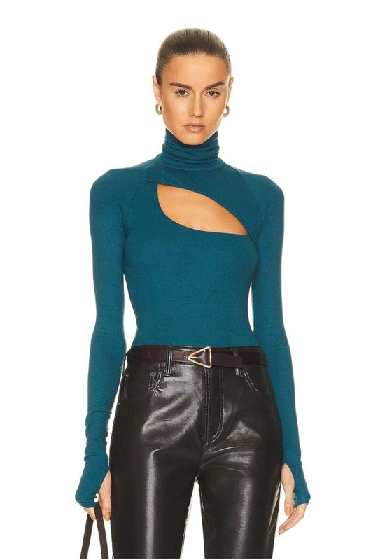 Turtleneck Cut-out Finger-Hole Bodysuit - Emerald Green