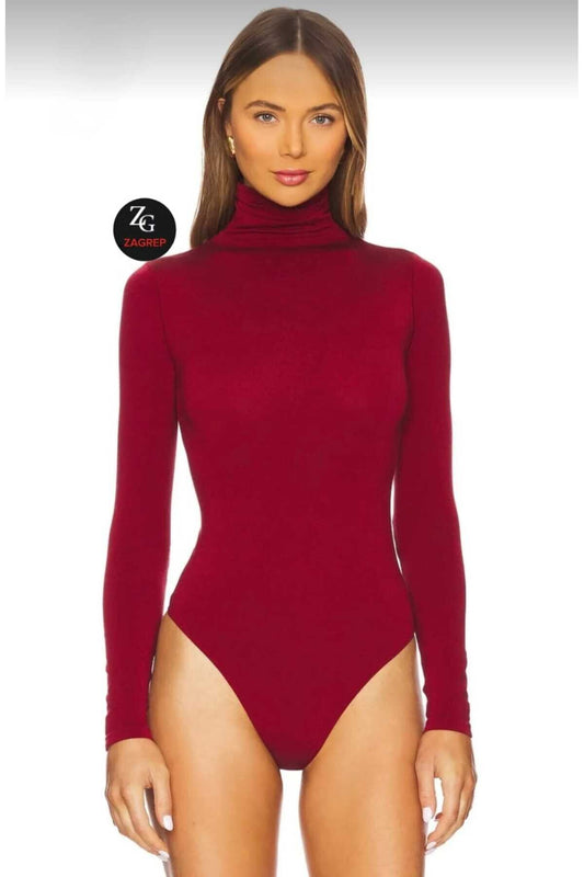 Turtleneck Silk Jersey Double Layered Bodysuit - Burgundy