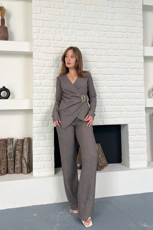 Two-Piece Double-Breasted Buckle-Detail Set - Gray