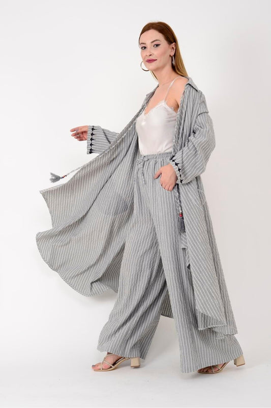 Two-Piece Striped Linen Set, Olive Tree Embroidered Back - Grey
