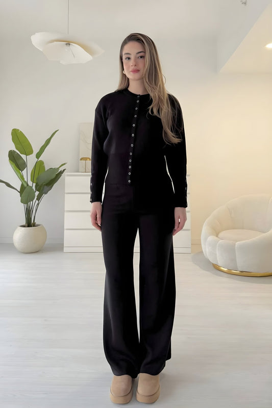 Waist-fitted Knitted Snap-Buttoned Two-piece Set - Black