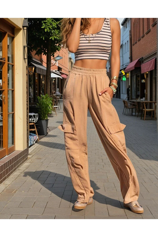 Wide Leg Cupro Cargo Pants - Beige