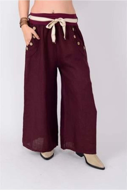 Wide Leg Linen Corseted Pants - Plum