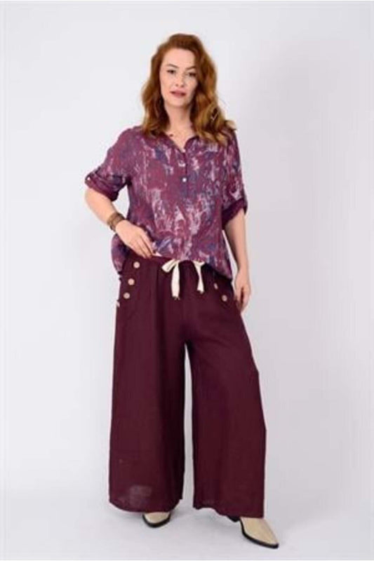 Wide Leg Linen Corseted Pants - Plum