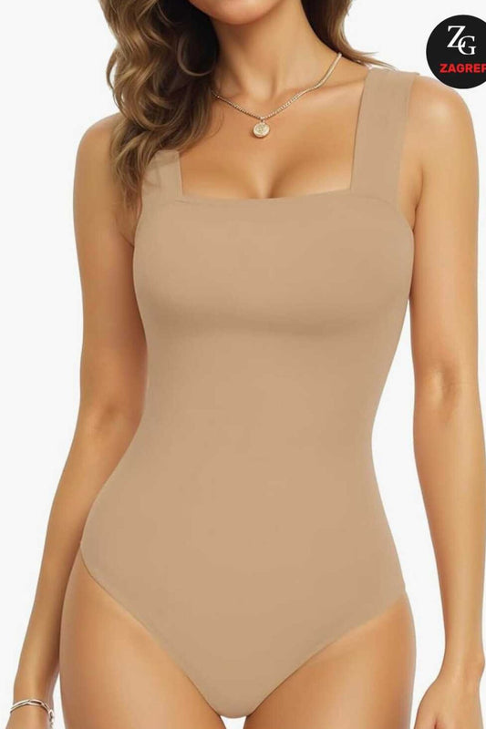 Wide Strap Silk Jersey Square Bodysuit - Beige
