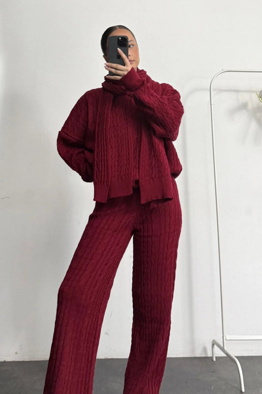 3-Piece Knitted Shawl-Detail Set - Burgundy