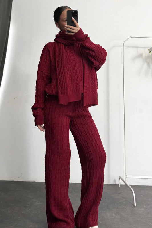 3-Piece Knitted Shawl-Detail Set - Burgundy