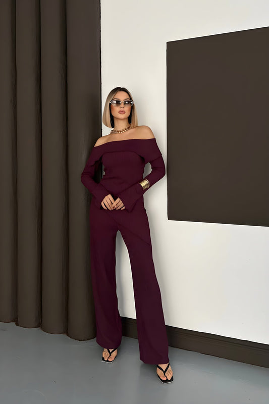 Asymmetric Bardot Neck Blouse and Pants Set - Damson