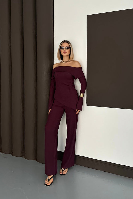 Asymmetric Bardot Neck Blouse and Pants Set - Damson