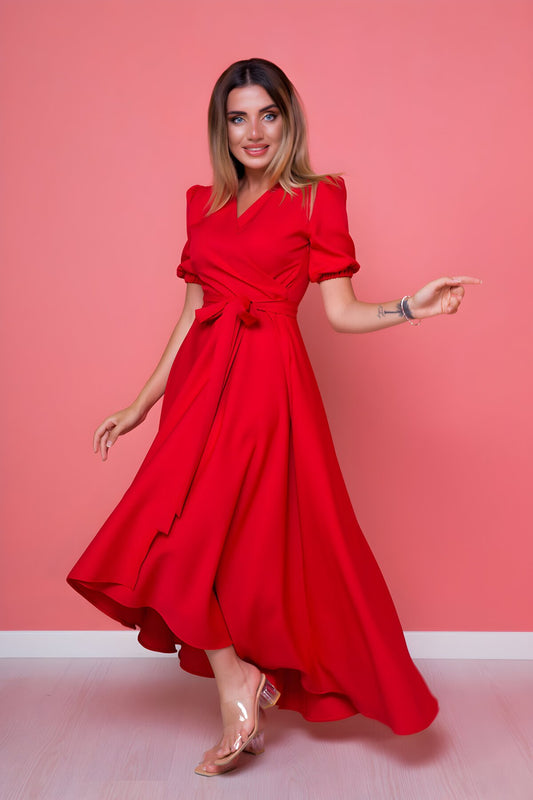 Asymmetric Cut Short Front Long Back Wrap Neck Evening Dress - Red