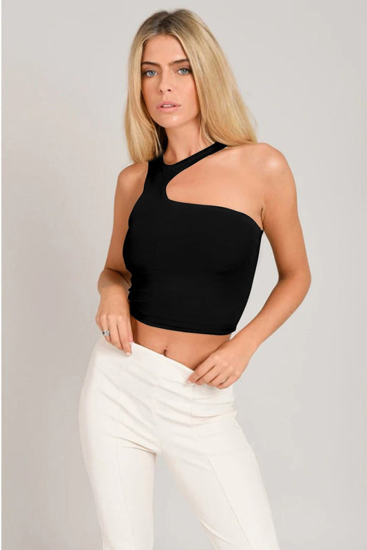 Asymmetric Halter Crop Top - Black