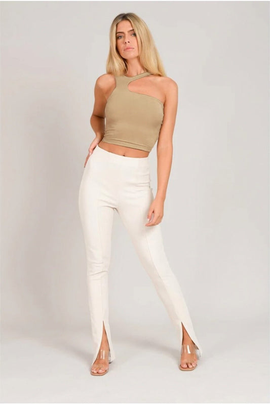Asymmetric Halter Neck Crop Top - Taupe