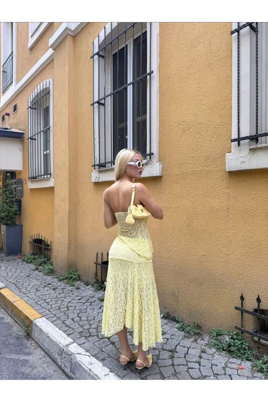 Asymmetric Lined Lace Two-Piece Skirt Set - Yellow