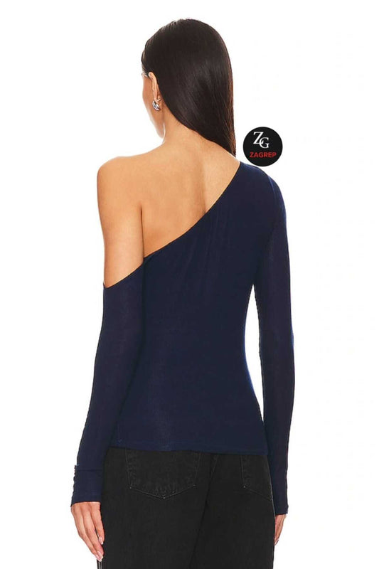 Asymmetric Neck Double Layer Silk Jersey Thumbhole Blouse - Navy Blue