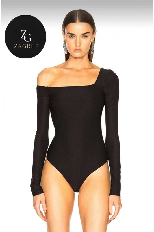 Asymmetric Neck Silk Jersey Bodysuit - Black