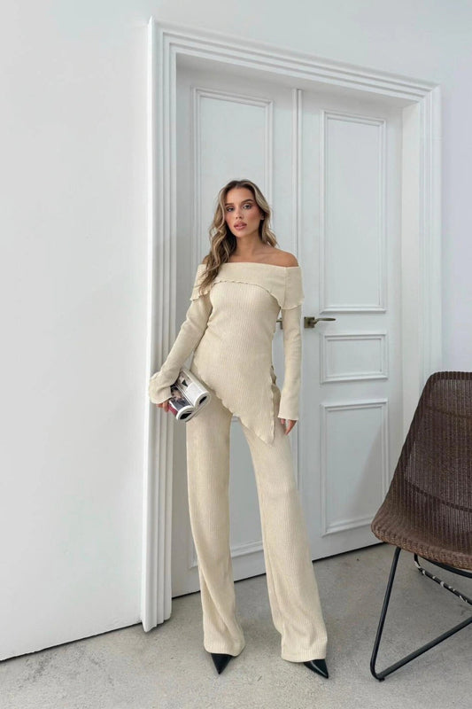 Asymmetric Selanik Knit Two-Piece Set - Cream