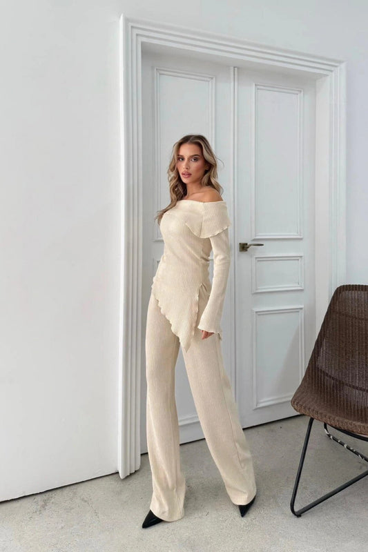 Asymmetric Selanik Knit Two-Piece Set - Cream