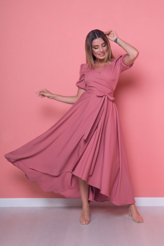 Asymmetrical High-Low Crossover Neck Dress - Dusty Rose