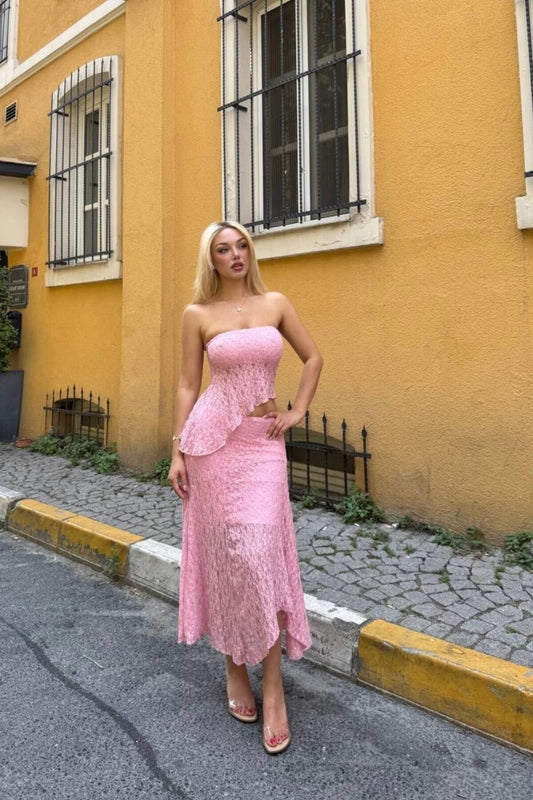 Asymmetrical Lace Lined Skirt Set - Pink
