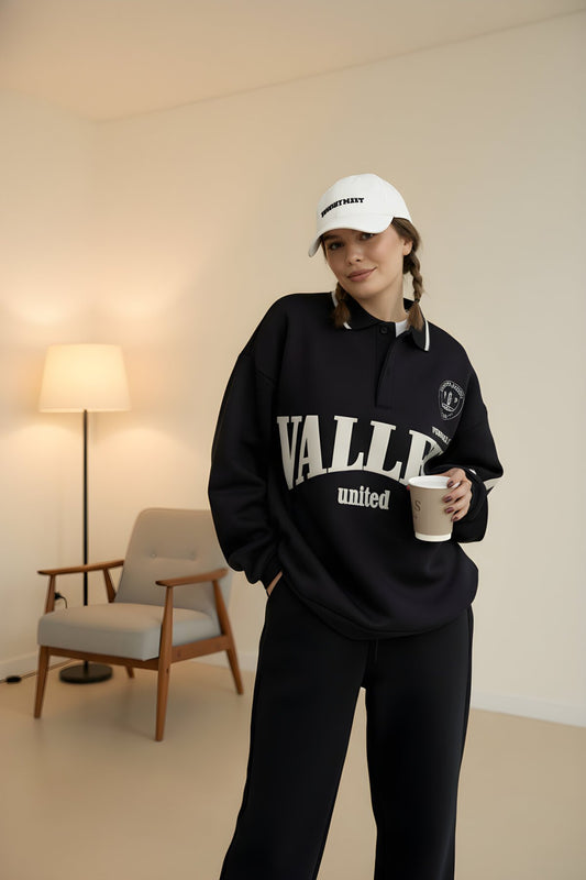 Baggy Collared Three-Thread Sweatpants Tracksuit - Black