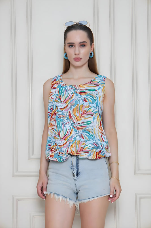 Balloon Chiffon Elasticated Waist Blouse - Orange Blue