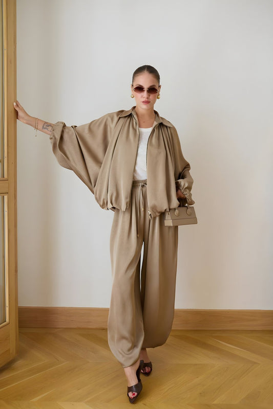 Balloon-Fit Satin Hem-Detail Harem Pants - Khaki