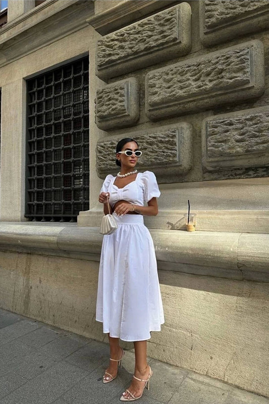 Balloon Sleeve Poplin Chest Detail Dress - White