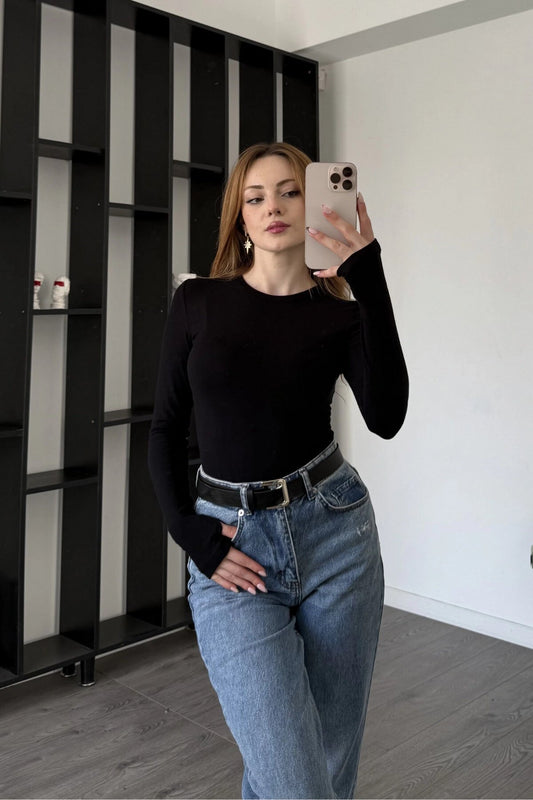 Basic Thumb-Hole Blouse - Black