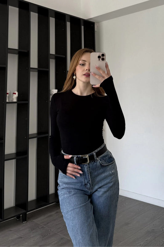 Basic Thumb-Hole Blouse - Black