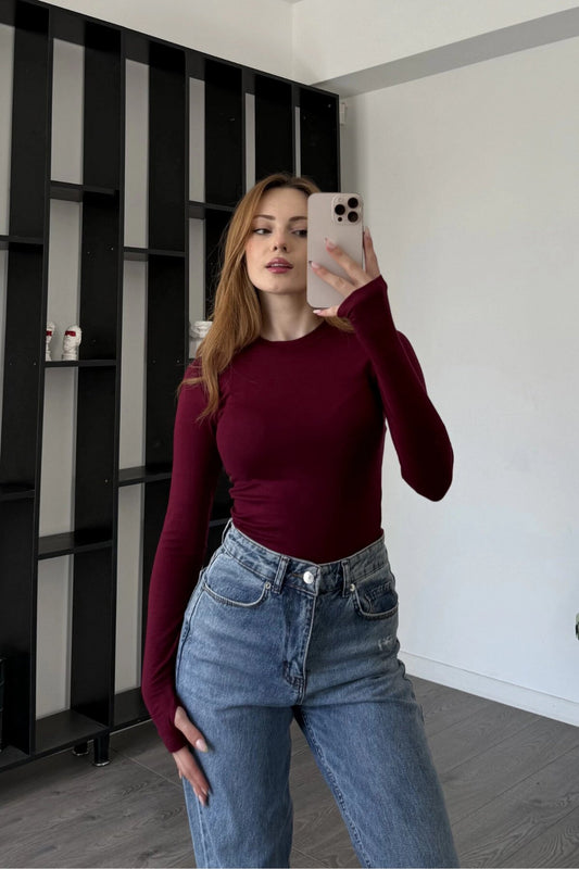 Basic Thumb-Loop Blouse - Maroon