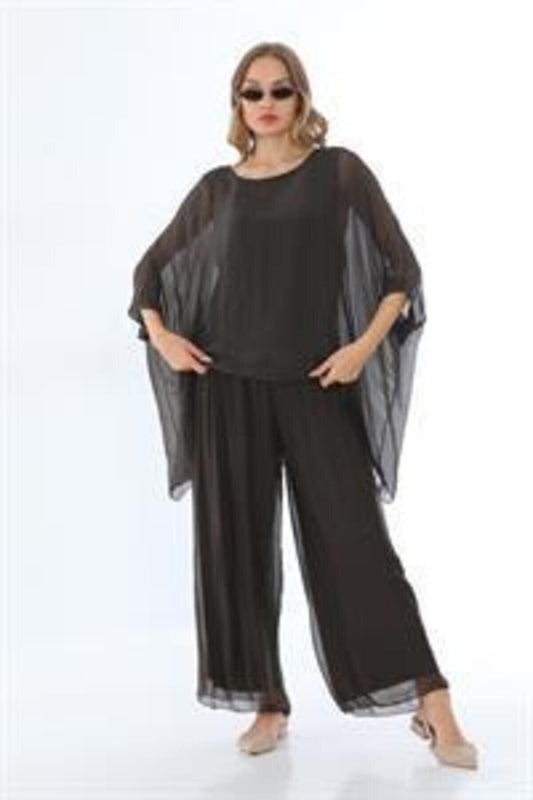 Batwing Sleeve Italian Silk Blouse - Brown