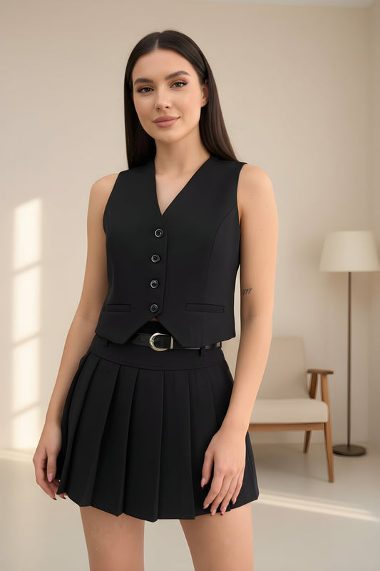 Belted Lined Skirt Vest Two-Piece Set - Black