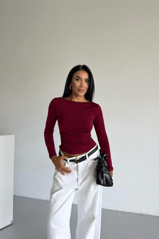 Body-hugging Long Sleeve Blouse - Burgundy