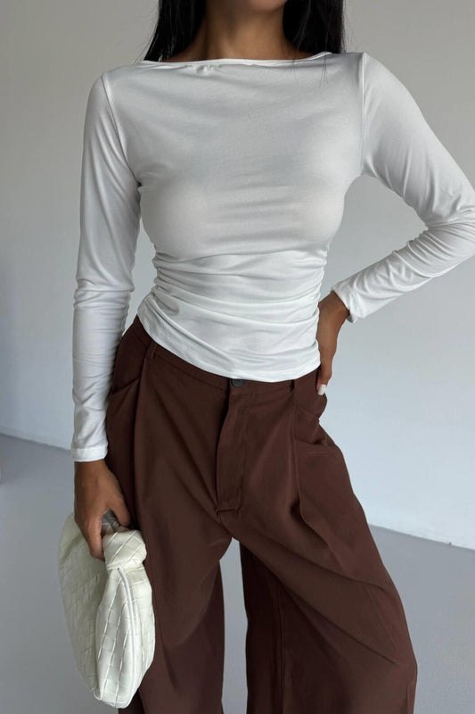 Body-Hugging Long-Sleeved Blouse - White